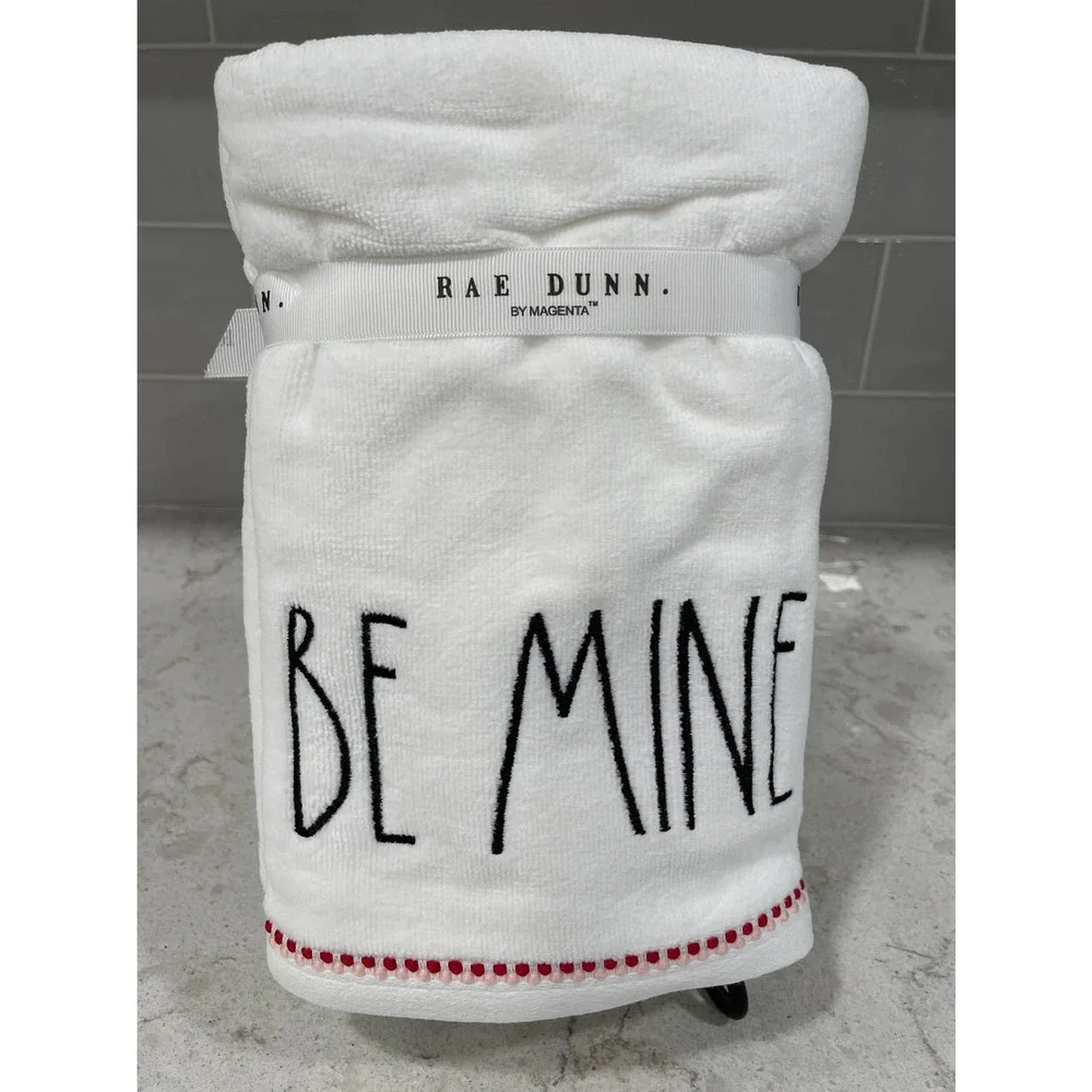 BE MINE Rae Dunn Hand Towel Set of 2 White Red & Black Embroidered Bath 16x30